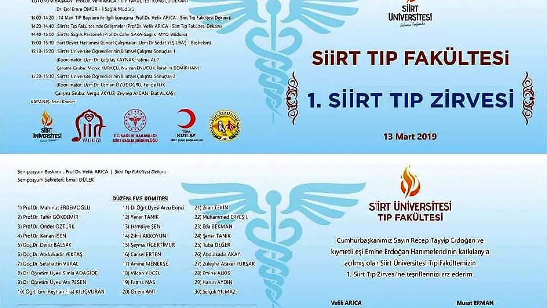 13 MART 2019'DA  DÜZENLENECEK OLAN1.SİİRT TIP ZİRVESİ BİLİMSEL PROGRAMI AÇIKLANDI