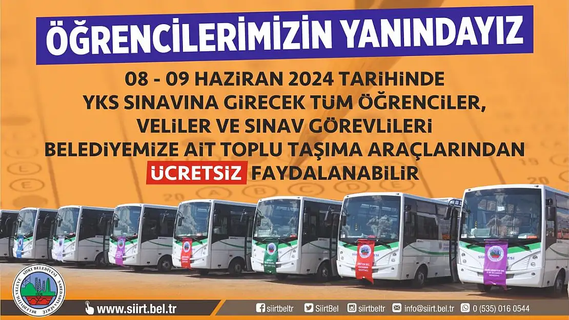 Siirt Belediyesi'nden YKS'ye Girecek Öğrencilere Ücretsiz Ulaşım Desteği