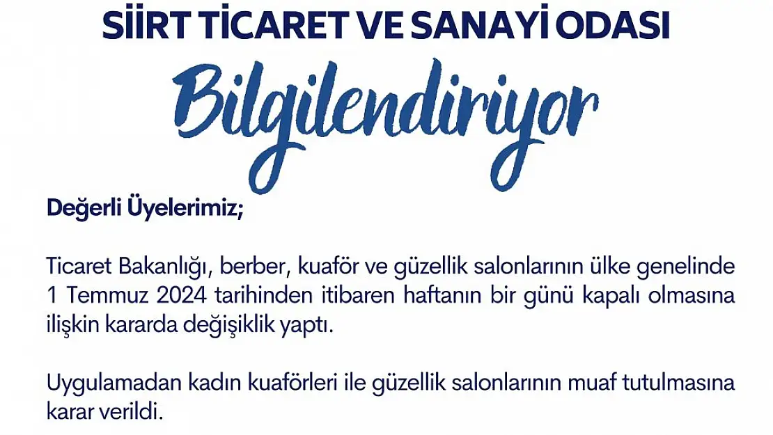 Siirt TSO'dan Kadın Kuaförleri ve Güzellik Merkezleri İle İlgili Açıklama