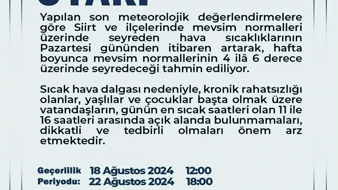 Siirt Valiliği'nden Meteorolojik Uyarı!