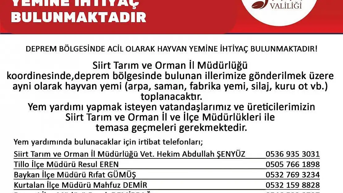 SİİRT'TEN DEPREM BÖLGESİ İÇİN HAYVAN YEMİ TOPLANACAK