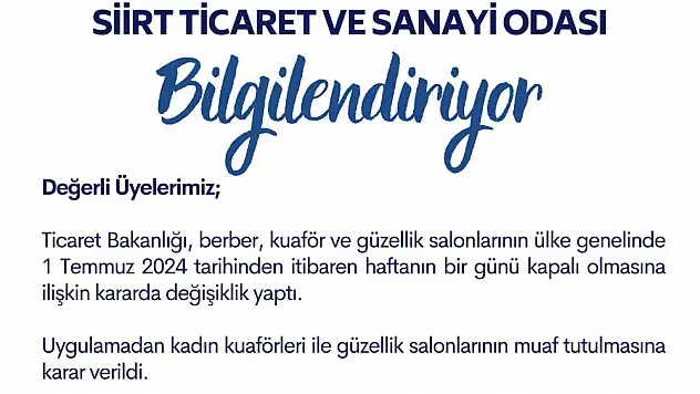 Siirt TSO'dan Kadın Kuaförleri ve Güzellik Merkezleri İle İlgili Açıklama