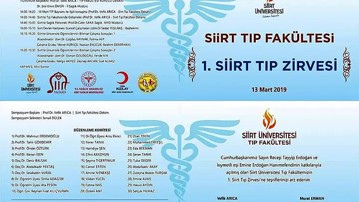 13 MART 2019'DA  DÜZENLENECEK OLAN1.SİİRT TIP ZİRVESİ BİLİMSEL PROGRAMI AÇIKLANDI